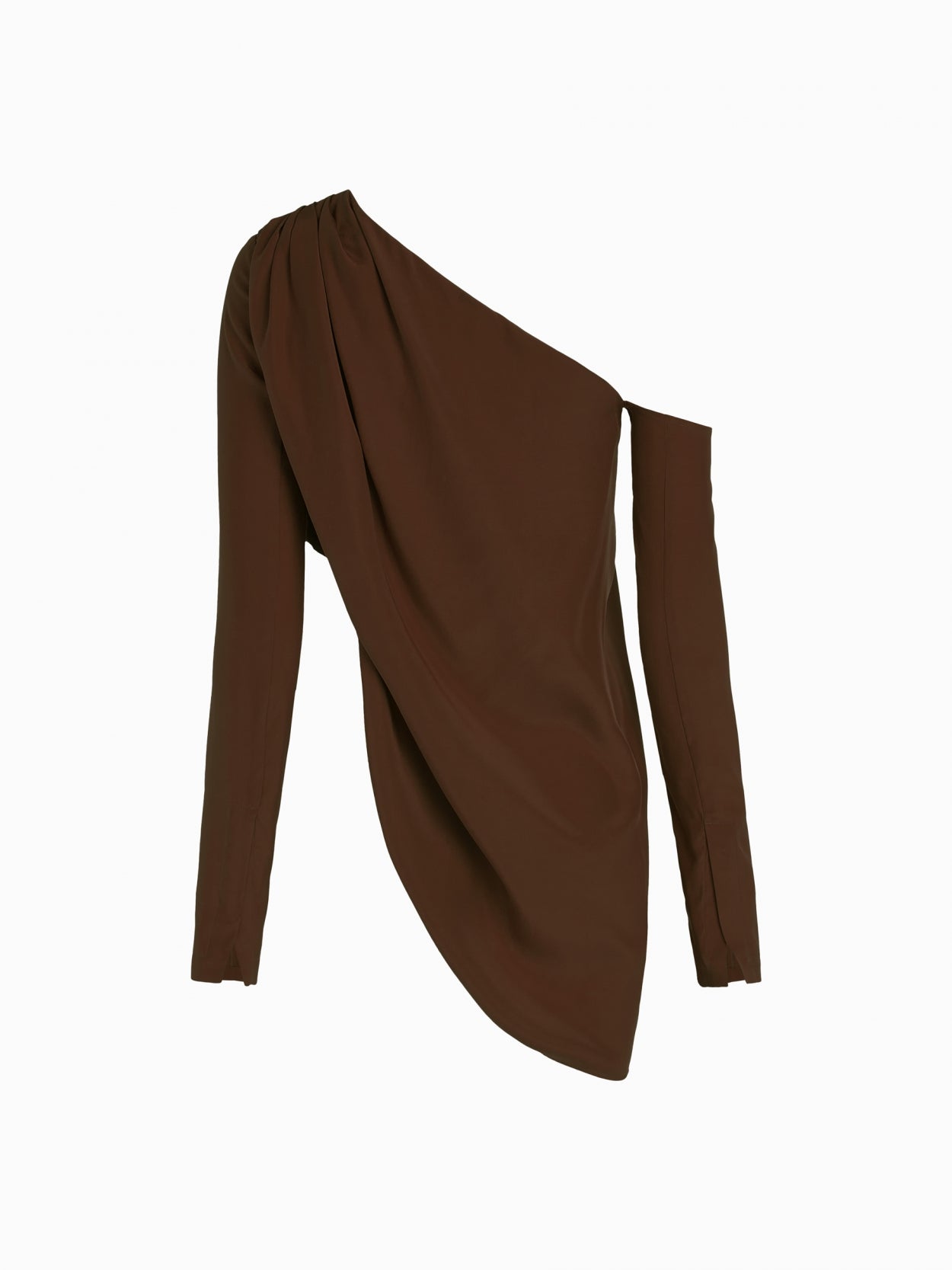 back packshot of a brown asymmetric long sleeve silk top