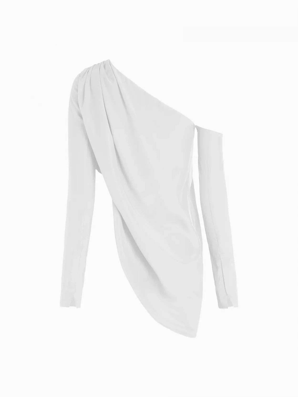 back packshot of a white asymmetric long sleeve silk top