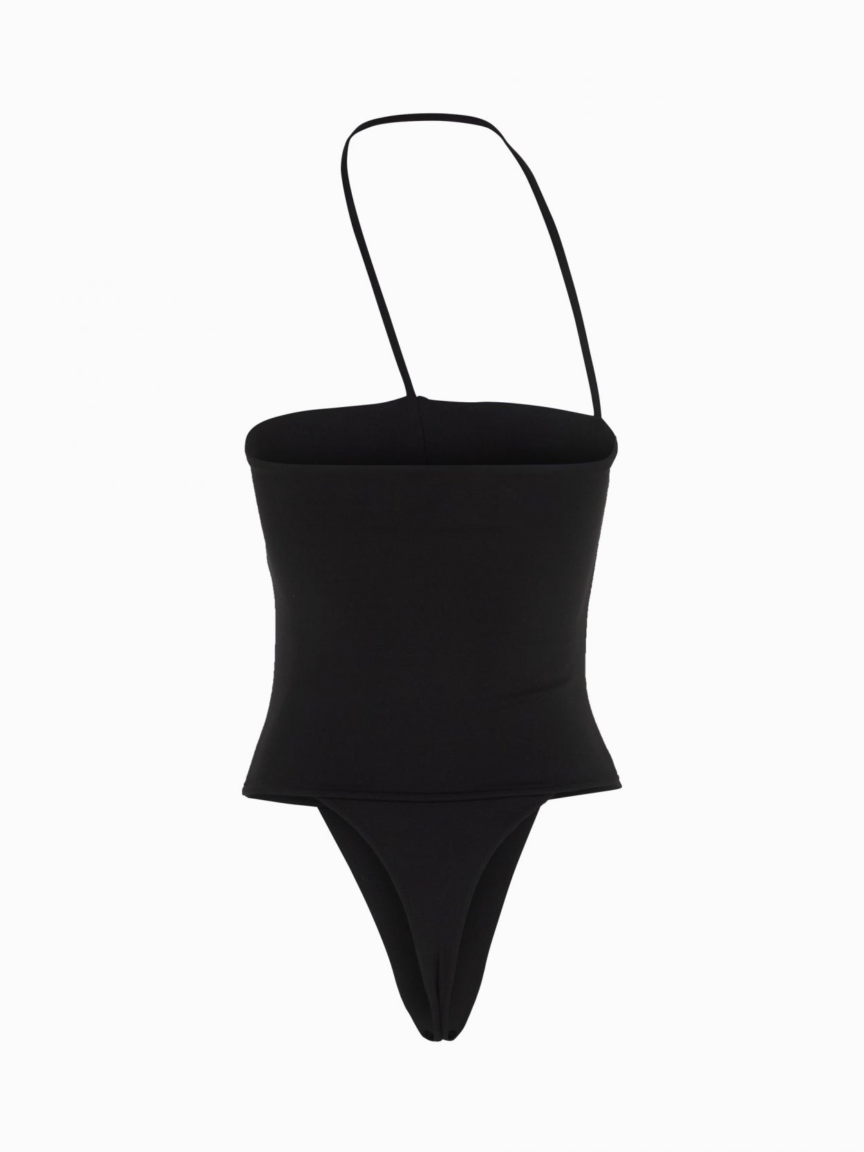 back packshot of a black shifted halter bodysuit