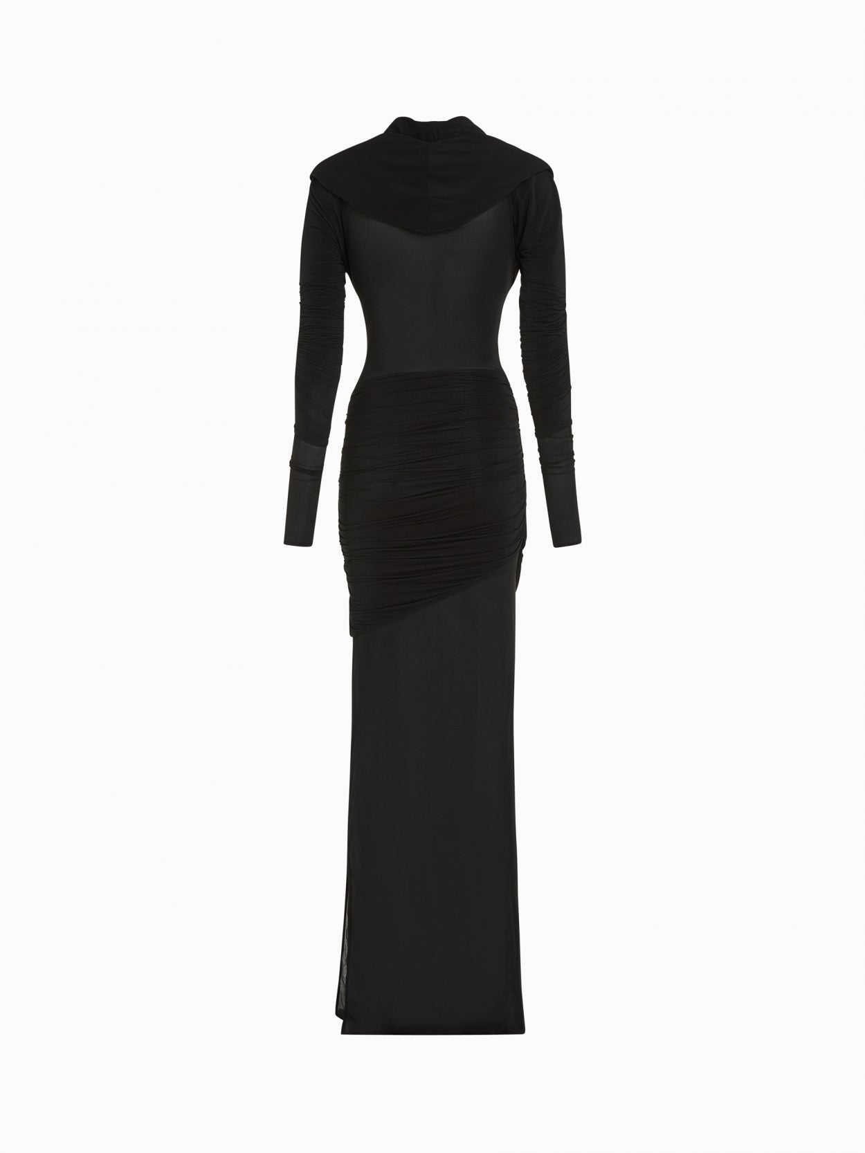 back packshot of a black hooded jersey draped dress 