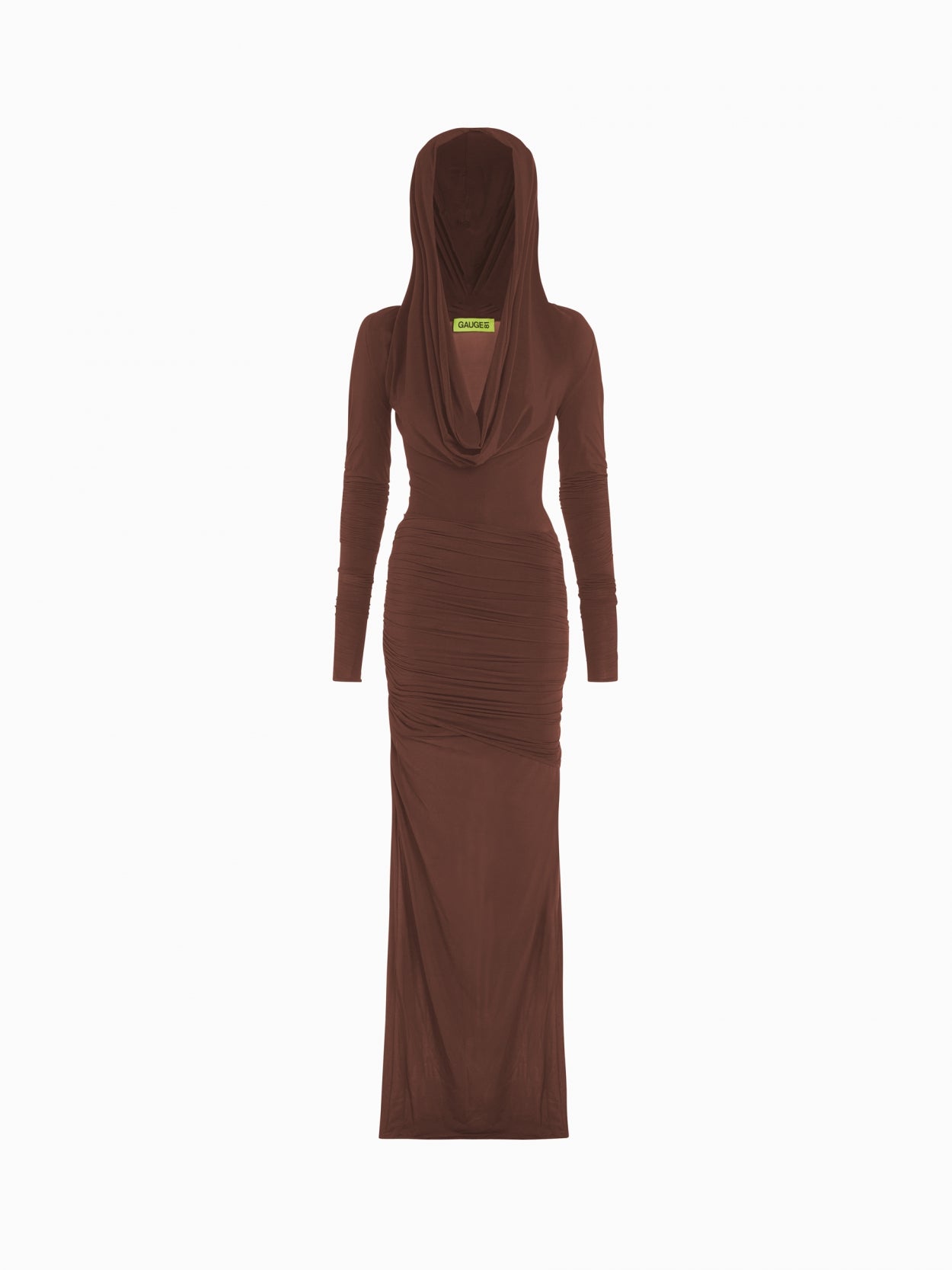 front packshot of a brown hooded jersey draped dress 