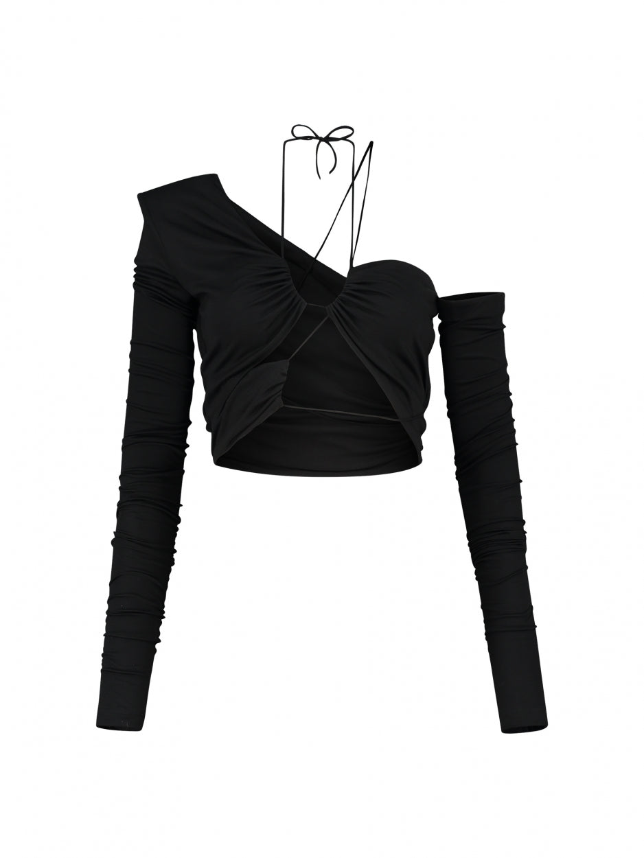 black asymmetrical top with long sleeves and straps