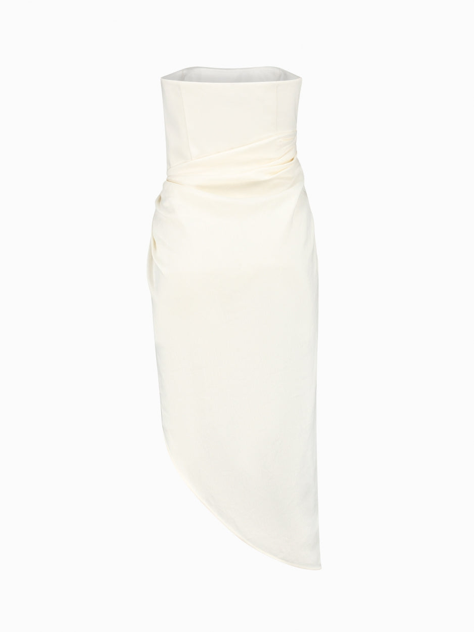 white linen strapless midi dress 