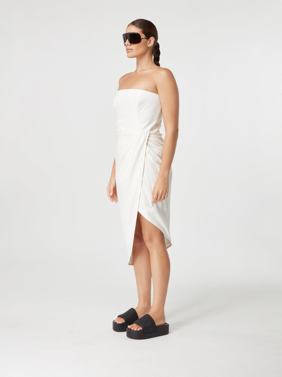 white linen strapless midi dress 