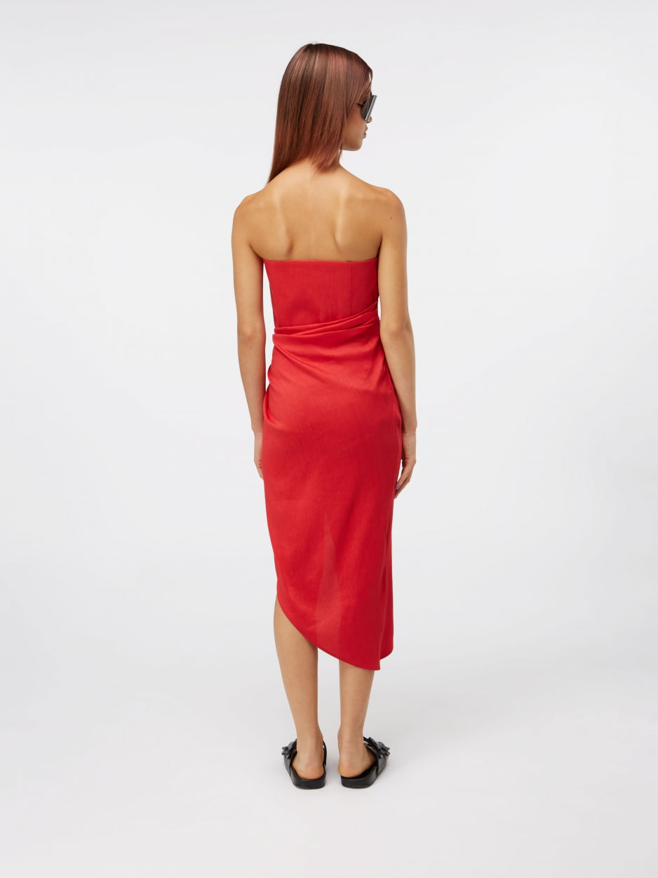 red linen strapless midi dress 