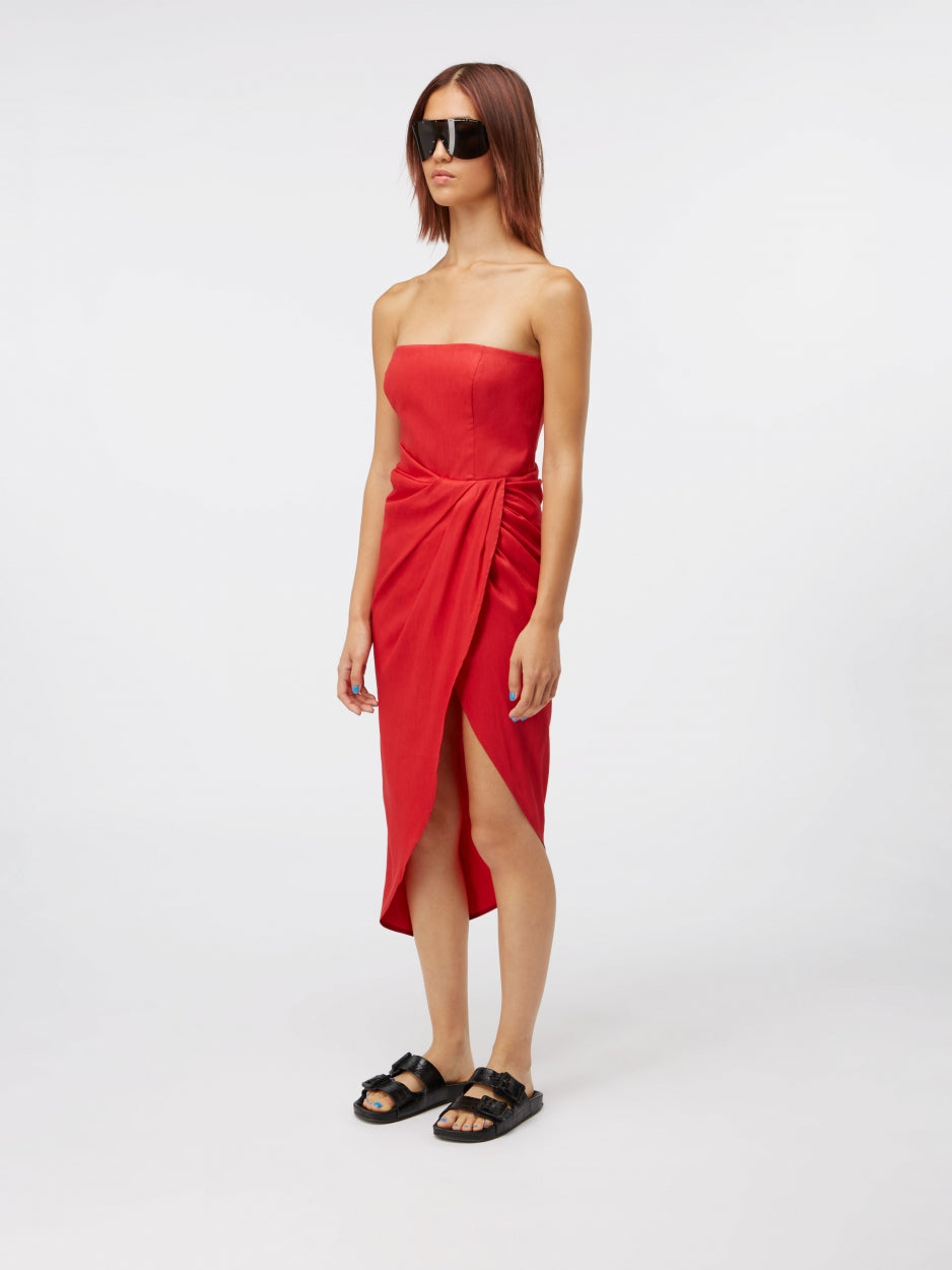 red linen strapless midi dress 