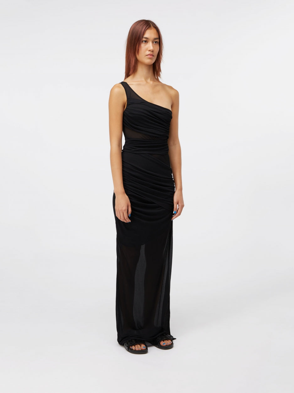 black one shoulder long maxi dress mesh 