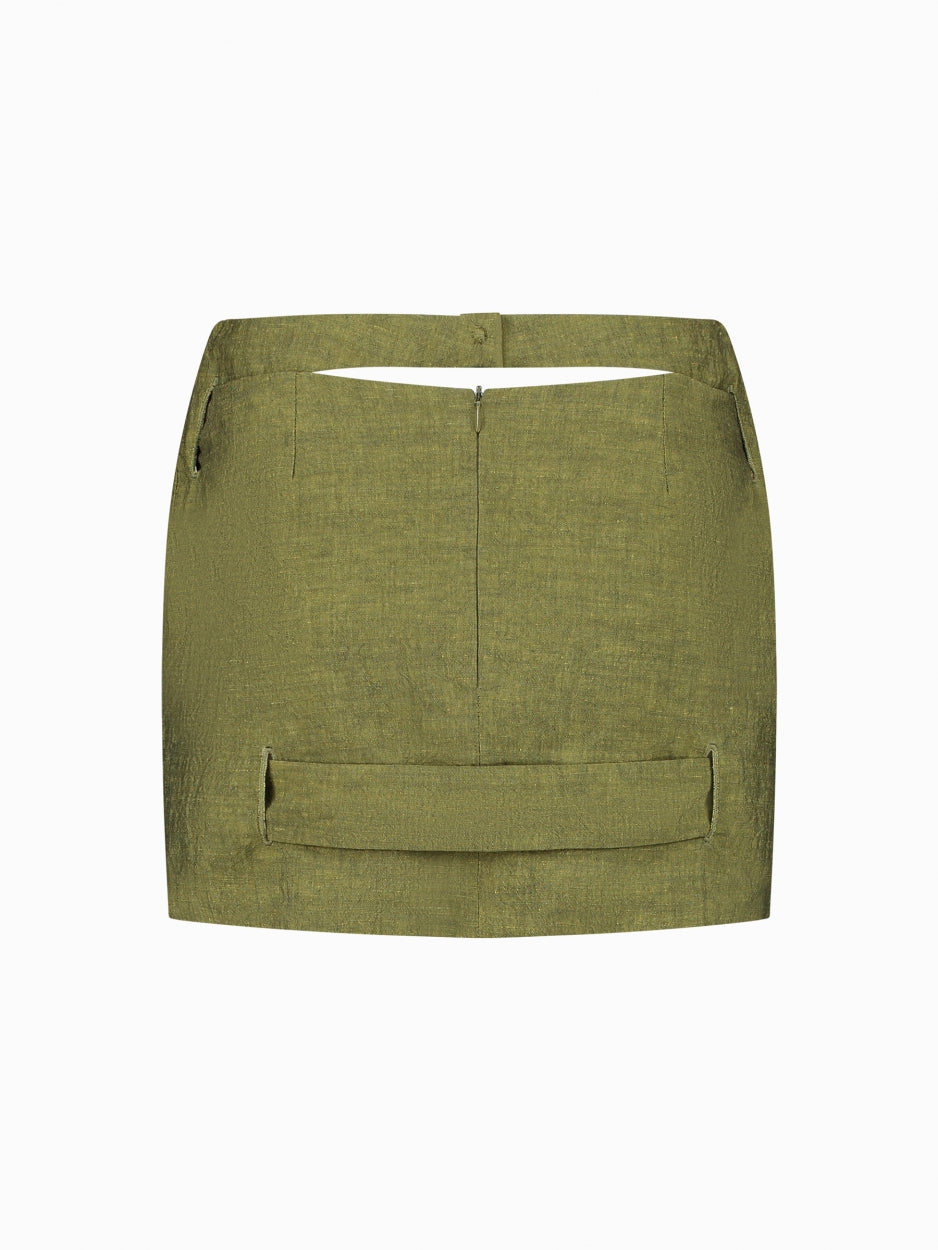 green mini skirt mid rise with cut outs and inserts