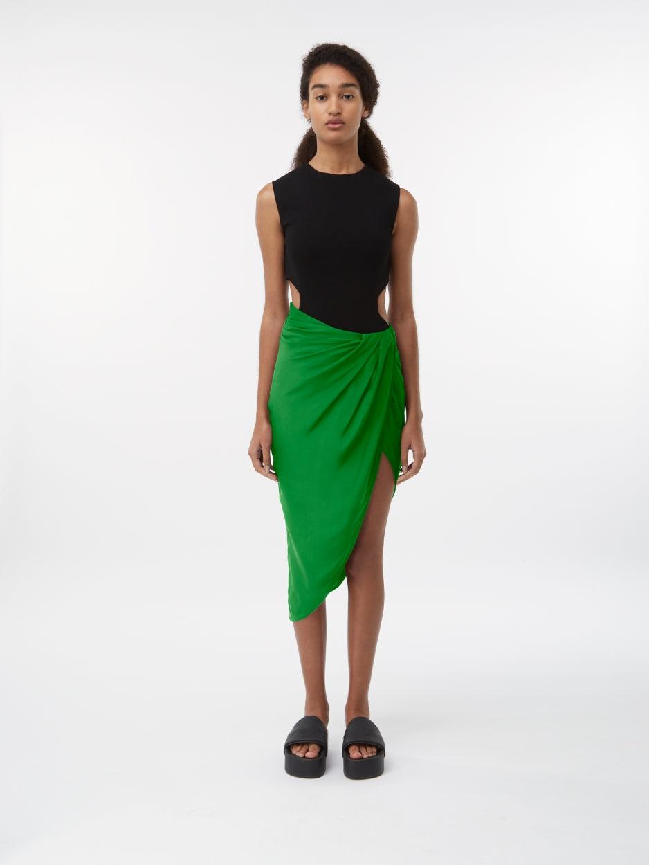 green silk midi skirt