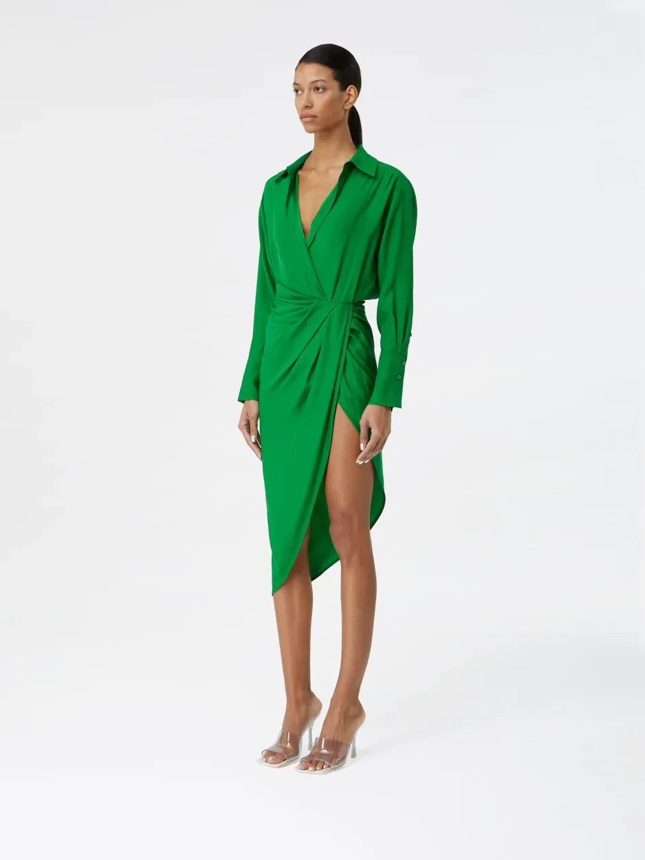 green silk midi dress with long sleeves