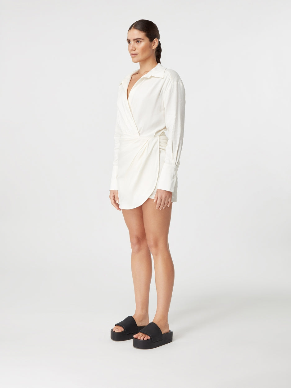 white linen mini dress