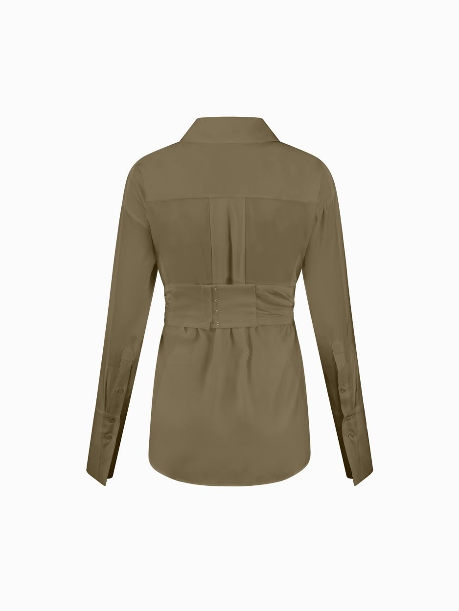 khaki green silk wrap shirt female  