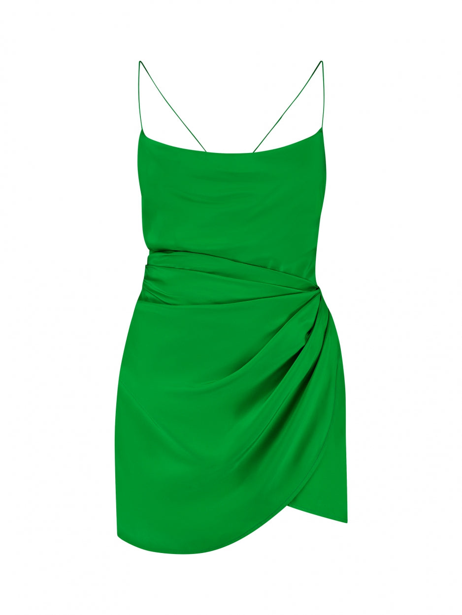 green mini silk dress