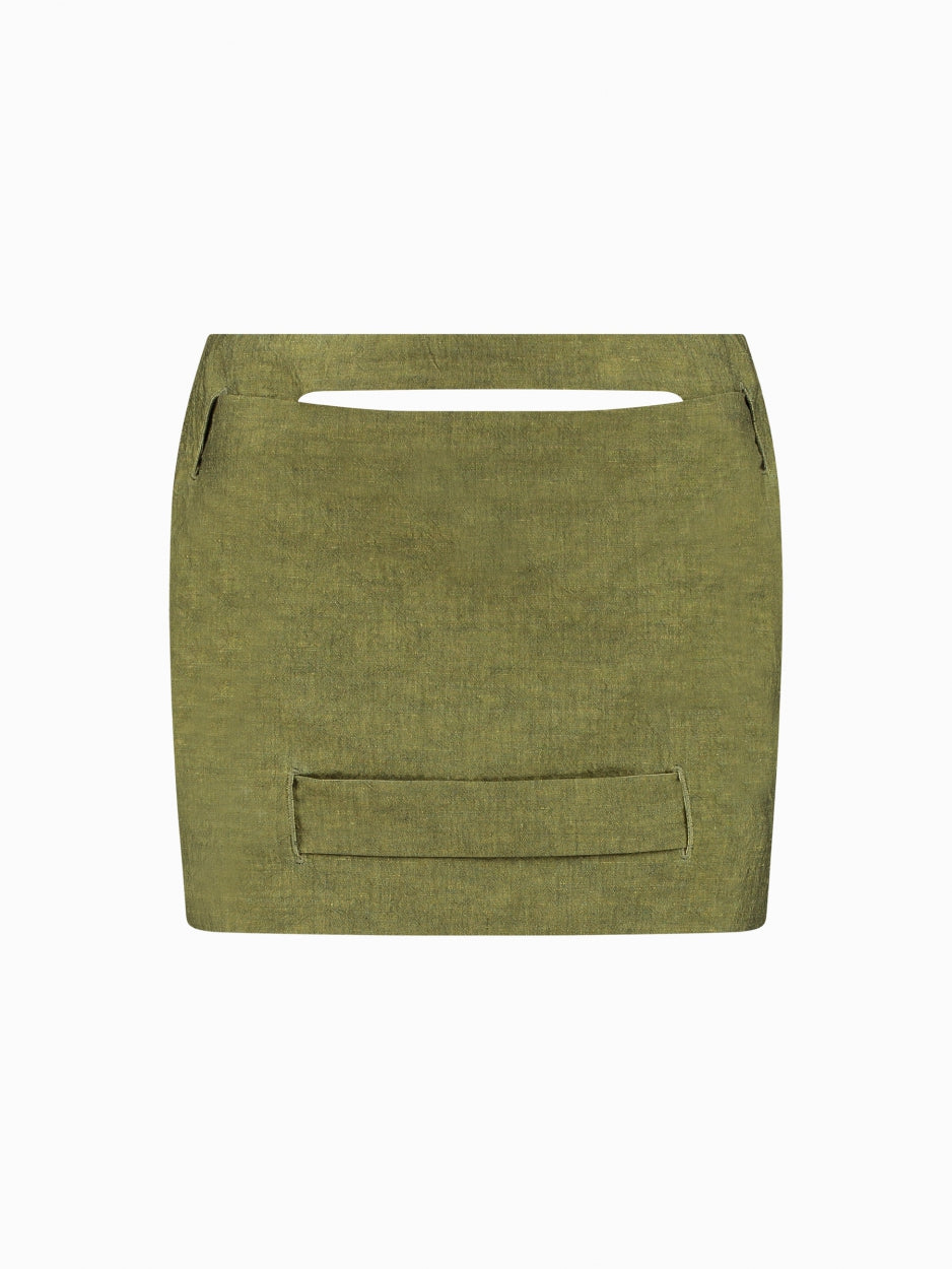 green mini skirt mid rise with cut outs and inserts